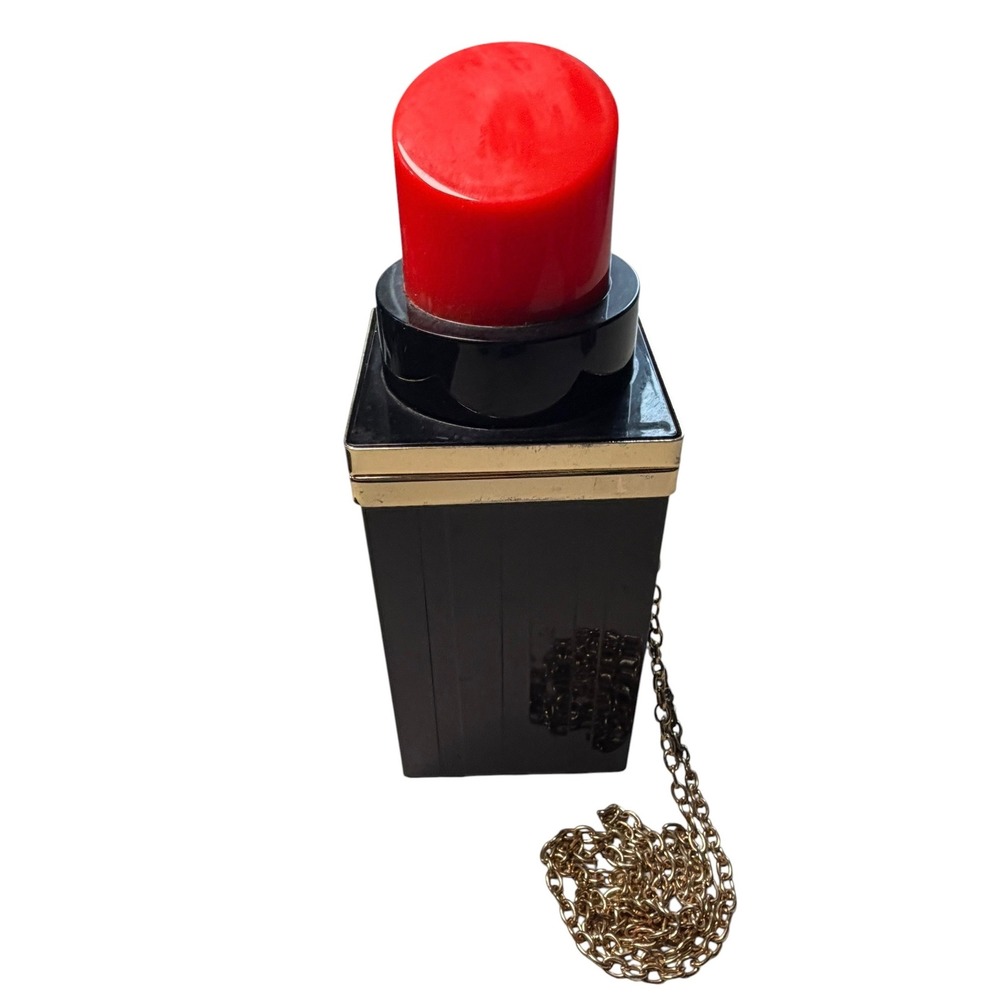 Novelty Lipstick Hard Shell Clutch Bag Black Red Gold Chain Strap Crossbody